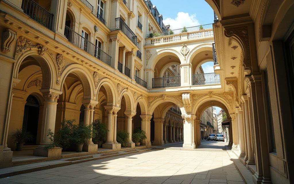 Stunning photo of a unique location in Paris relevant to media production, featuring classic Parisian architecture with a modern twist