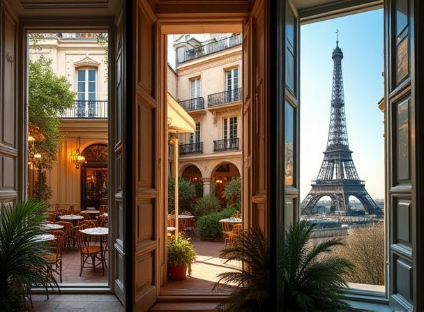 Collage of diverse beautiful locations in Paris, including a charming street cafe, an artistic courtyard, and a view of the Eiffel Tower