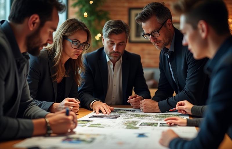 High-quality image representing valuable production services, possibly a diverse group of people reviewing location photos or maps